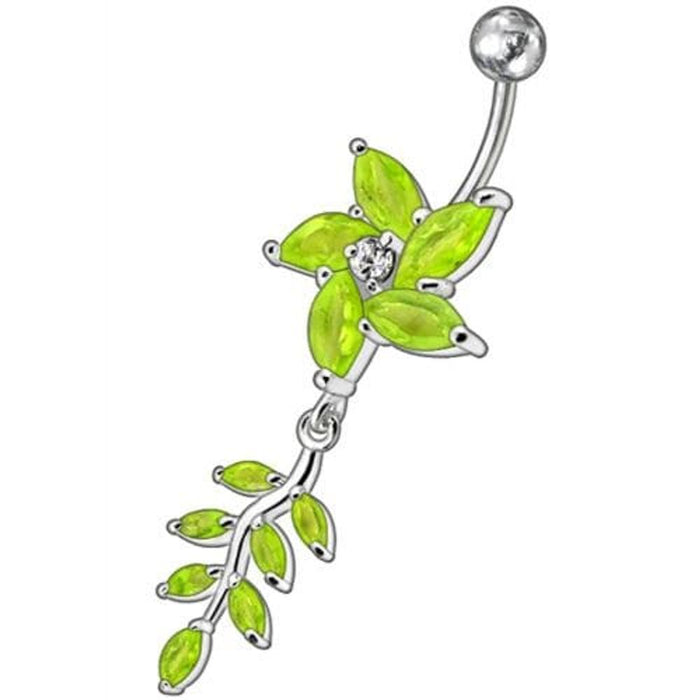 Fancy flower With Leafs Jeweled Silver Dangling Banana Belly Ring