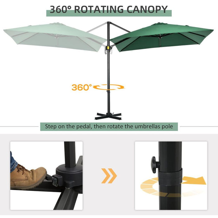 High-Quality Outsunny Cantilever Parasol - 360° Rotation, Hand Crank, UV Protection - Green