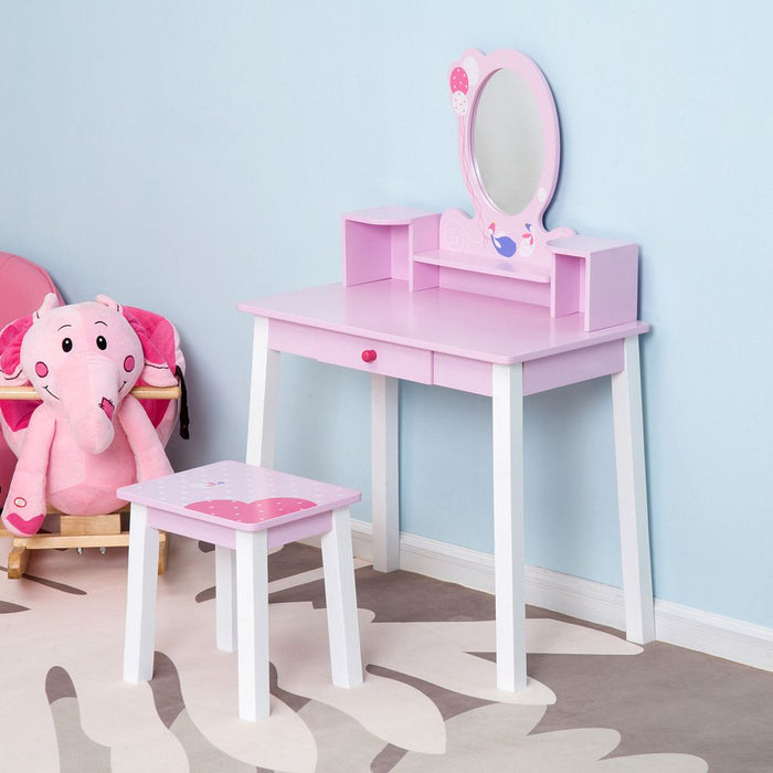 Premium Kids Dressing Table Set w/ Storage & Mirror - Pink, HOMCOM