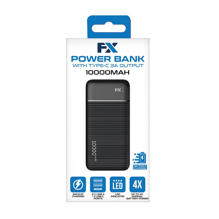 FX 10,000mAh Powerbank - Type-C 3A Output - Black