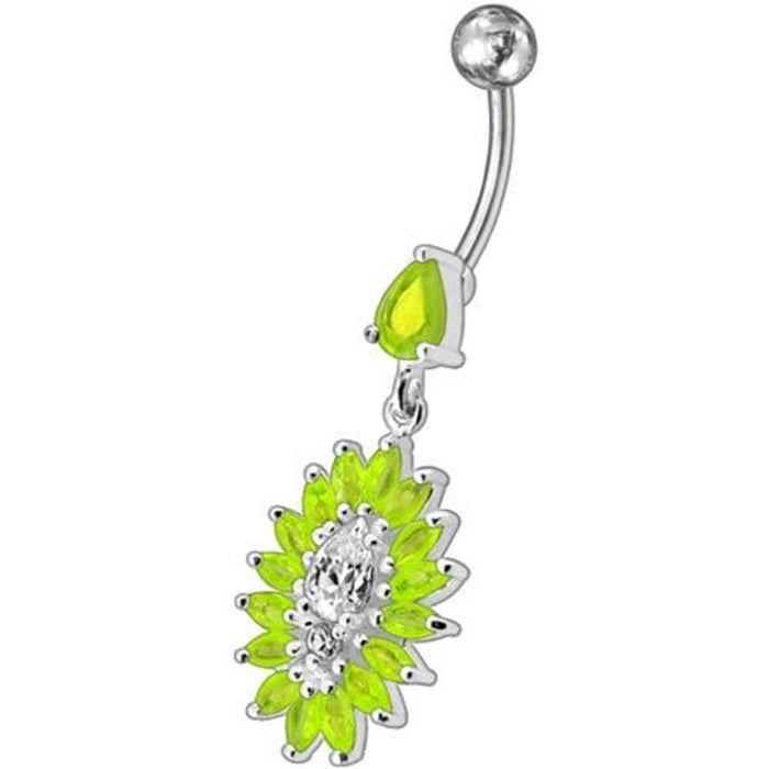 Jeweled Dangling Fancy  Glitter Flower SS Banana Bar Belly Ring Body Jewelry