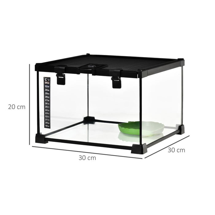 PawHut Glass Reptile Terrarium Insect Breeding Tank Vivarium Habitats with Thermometer for Lizards, Horned Frogs, Snakes, Spiders - Small 30 x 30 x 20cm