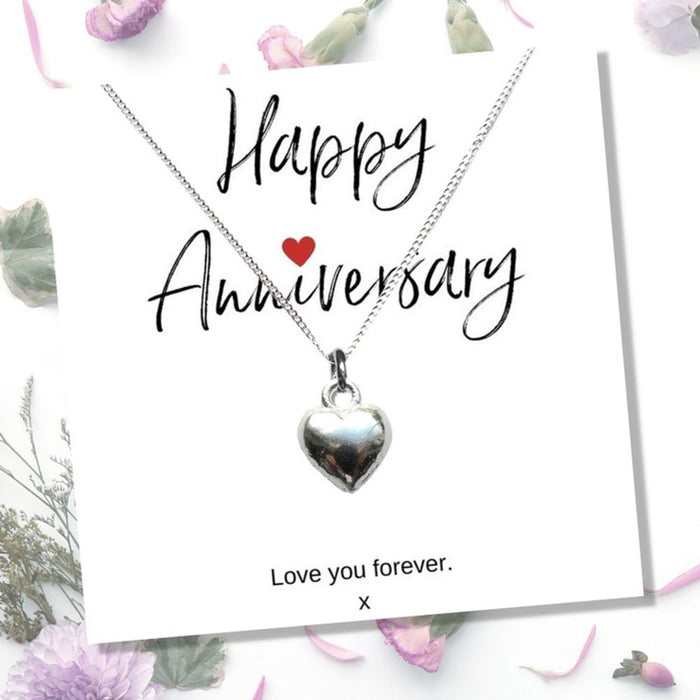 Heart Necklace & Anniversary Card - Beautiful & Meaningful Gift for Your Loved One - Silver Puff Heart - Free Gift Box!