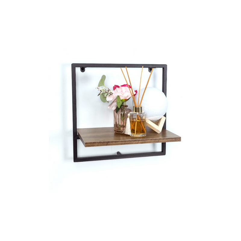High-Quality Dark Oak Wall Shelf - 1 Tier with Black Metal Frame - PARGI