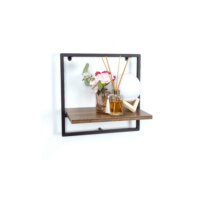 High-Quality Dark Oak Wall Shelf - 1 Tier with Black Metal Frame - PARGI