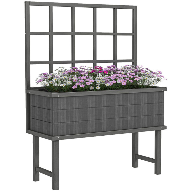 Outsunny Wood Raised Planter w/ Trellis Elevated Garden Bed - Quality Grey Design