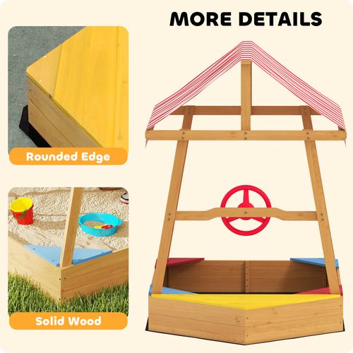 AIYAPLAY Wooden Kids Sandpit with Canopy, Seats, Rudder & Bottom Liner
