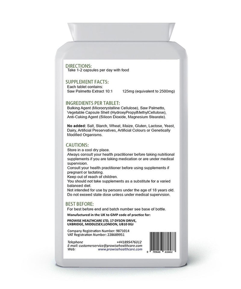 High-Strength Saw Palmetto 2500mg Capsules - Support Urinary Tract & Prostate Health - Prowise Healthcare