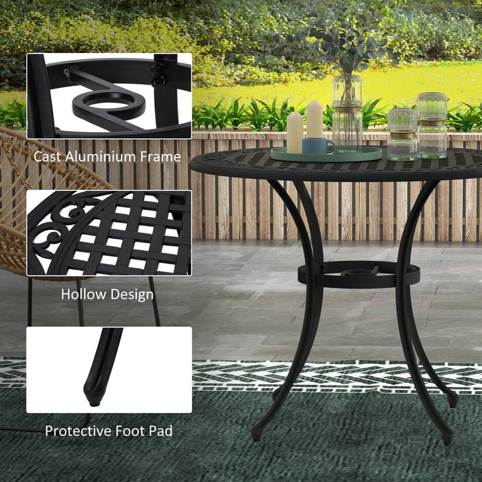 Outsunny Garden Table, Cast Aluminium Frame - Black. Parasol Hole, Seats 2-4