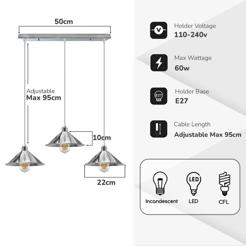 3 Head Rectangle Base Industrial Vintage Ceiling Pendant Light Shade Hanging Lamp
