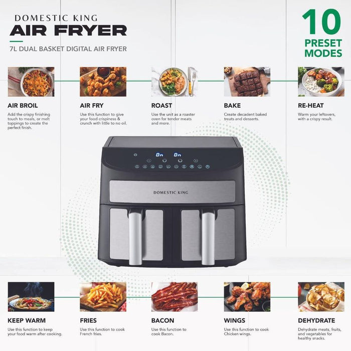 Ultimate 7L Dual Basket 2400W Air Fryer | Cook 2 Dishes Simultaneously | Precision Cooking | Domestic King | DK18094