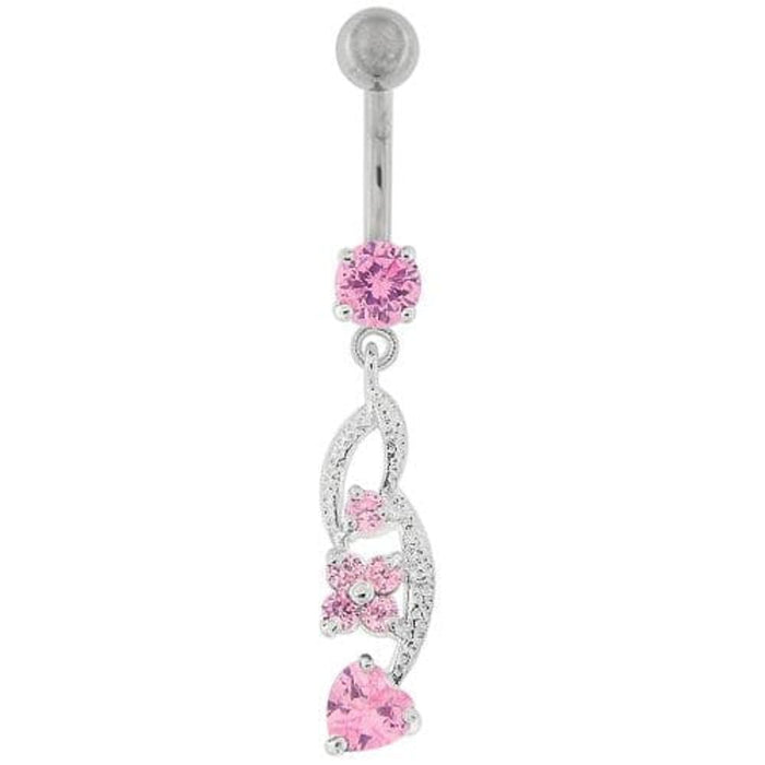 Flower with Heart Dangling Navel Belly Button Ring