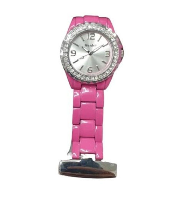 Premium Henley Pink Enamel Beauticians Fob Watch - Diamante Accent | Clearance - New Battery Needed