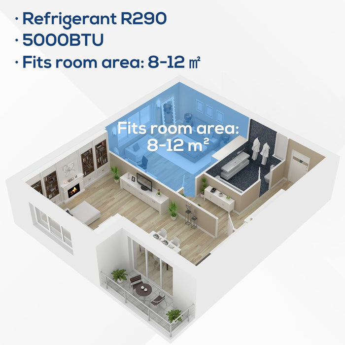HOMCOM 5000 BTU Portable Air Conditioner, 4-in-1 Air Conditioning Unit, Dehumidifier, Cooling Fan with Remote Control, 2 Speeds, 24H Timer, Window Venting Kit, 12m², R290, A Energy Efficiency