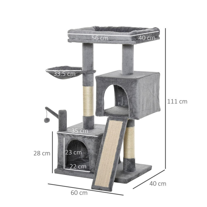 PawHut 111cm Cat Tree Tower for Indoor Cats, Cat Activity Centre with Scratching Posts and Pad, Hammock Condo Bed, Hanging Ball Toy, Grey