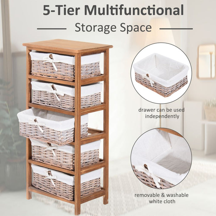 5-Drawers Storage Unit Wooden Frame W/ Wicker Woven Baskets