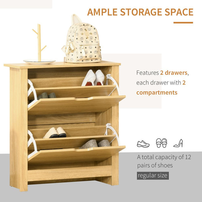 12-Shoe Storage Cabinet 4 Shelves 2 Drawers Tabletop 4 Legs Brown