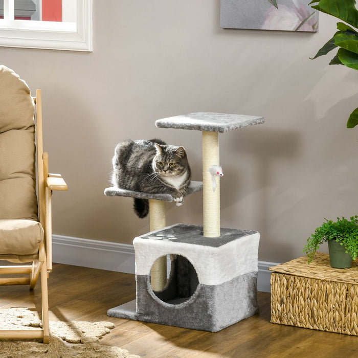 PawHut Cat Tree - Sisal Scratching Posts, House, Perches, Toy Mouse - Grey