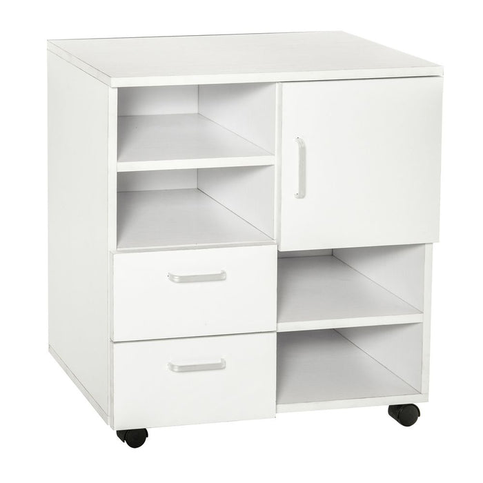 HOMCOM Printer Stand Sideboard - White Wooden Cupboard with Drawers & Shelves