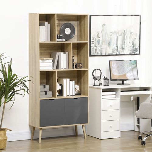 HOMCOM Freestanding Bookshelf with Bottom Cabinet and 6 Open Shelves, Natural