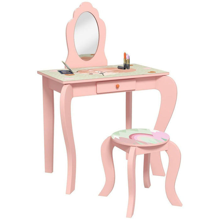 ZONEKIZ Kids Dressing Table with Mirror Stool Drawer, Cute Animal Design, Pink