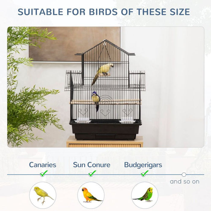 High-Quality Metal Bird Cage w/ Plastic Perch & Food Container - 50.5x40x63cm - Black