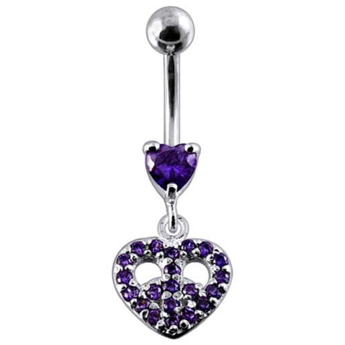 Jeweled Fancy Heart Shape Silver Dangling SS Bar Curved Belly Ring