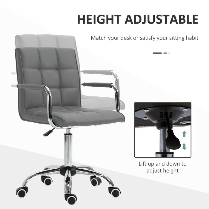 Comfortable Mid Back Swivel Home Office Chair - Grey PU Leather, Arm & Wheel - High Quality