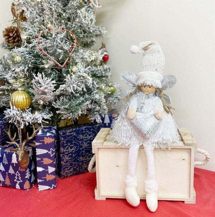 Cute Christmas Angel Ornament - Knitted Dress, Silver Wings, Freckled Smile, 26cm