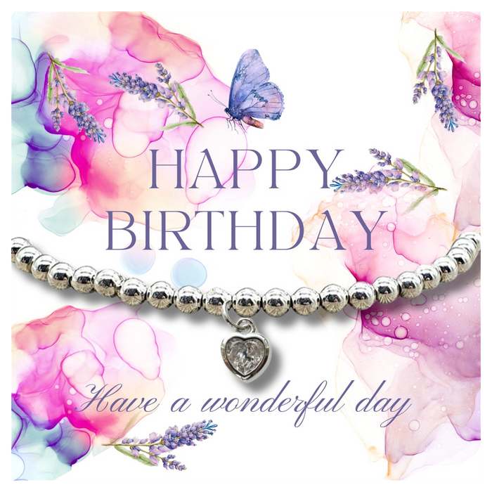 Happy Birthday Heart Bracelet & Lavender Butterfly Card