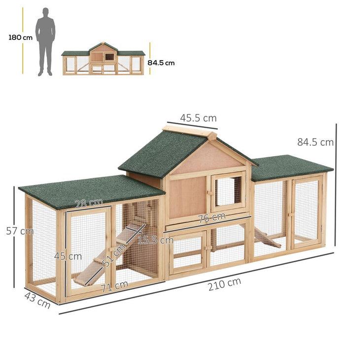 PawHut Deluxe Rabbit Hutch Outdoor, Wooden Guinea Pig Hutch, Two-Storey Bunny House with Ladder Rabbit Run Box Slide-out Tray 210 x 45.5 x 84.5 cm