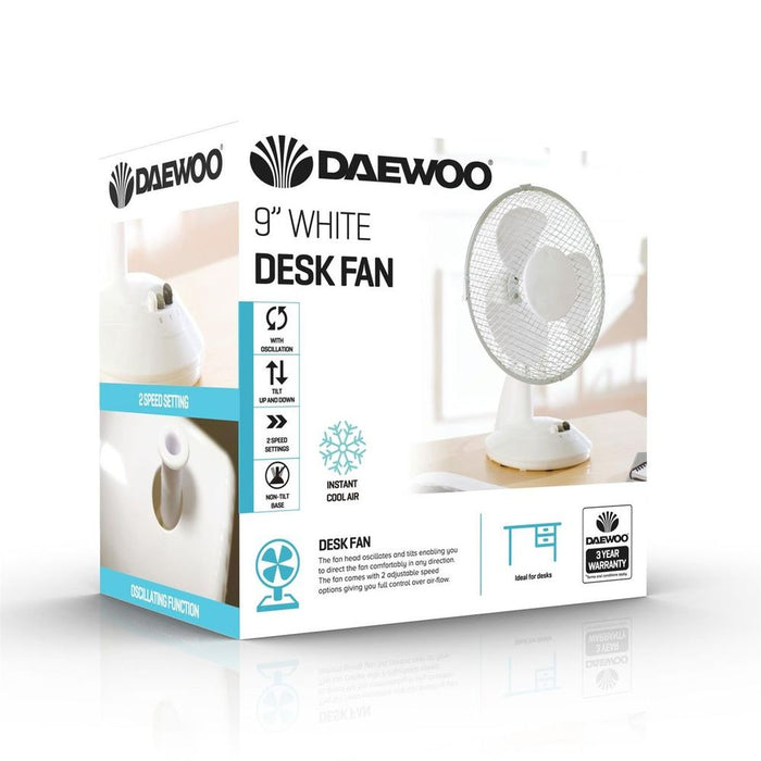 Daewoo 9" Desk Fan White - Powerful Cooling, 2 Speed Settings, Easy-to-Use Key Switch, 3 Blades, Mesh Grille - COL1062