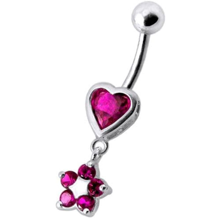 Jeweled Heart with Dangling Flower Belly Ring