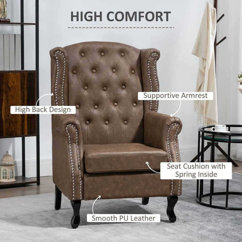 Vintage Chesterfield Wing Back Armchair - Tufted Brown Accent Chair