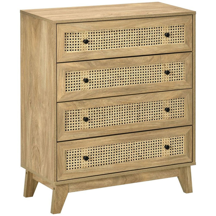 Rattan Chest of Drawers 4-Drawer Dresser Storage Cabinet Bedroom, Wood Effect