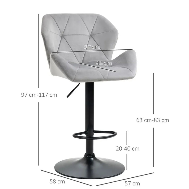 Set Of 2 Luxurious Velvet-Touch Bar Stools w/ Metal Frame Footrest Base Grey