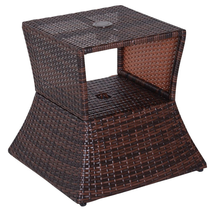 Outsunny Rattan Wicker Coffee Table w/ Umbrella Hole Storage Space - Brown