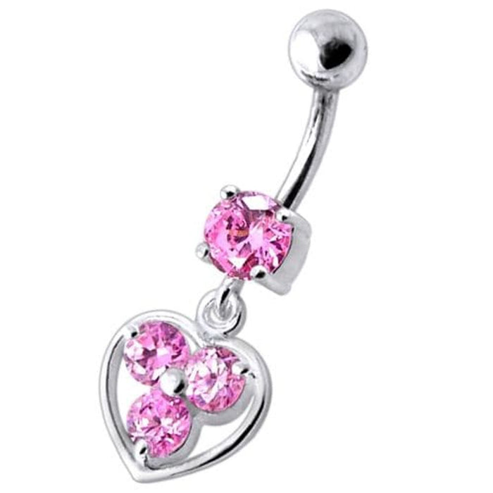 Jeweled Silver Heart Dangling SS Curved Bar Banana Belly Ring