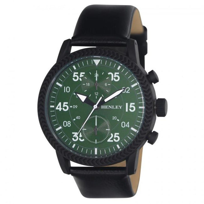 Henley Men's Bold Textured Green Dial With Black Leather Strap Watch H02212.11"