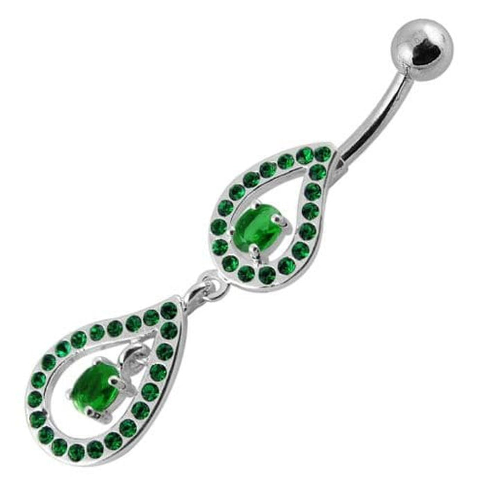 Fancy Pear Shape Jeweled Dangling SS Bar Navel Ring