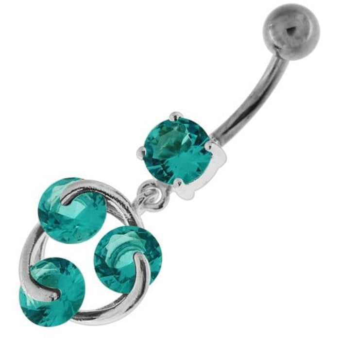 Tri Round Jeweled Swirl Sterling Silver Navel Bar