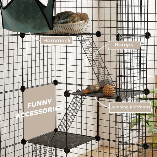 PawHut 4-Tier Cat Cage Indoor, DIY Cat Playpen with Hammock, Ramps, 5 Doors