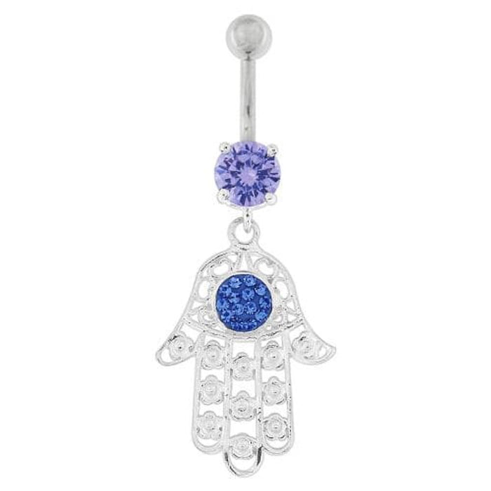 Hamsa Hand with Flowers Dangling Belly Button Ring