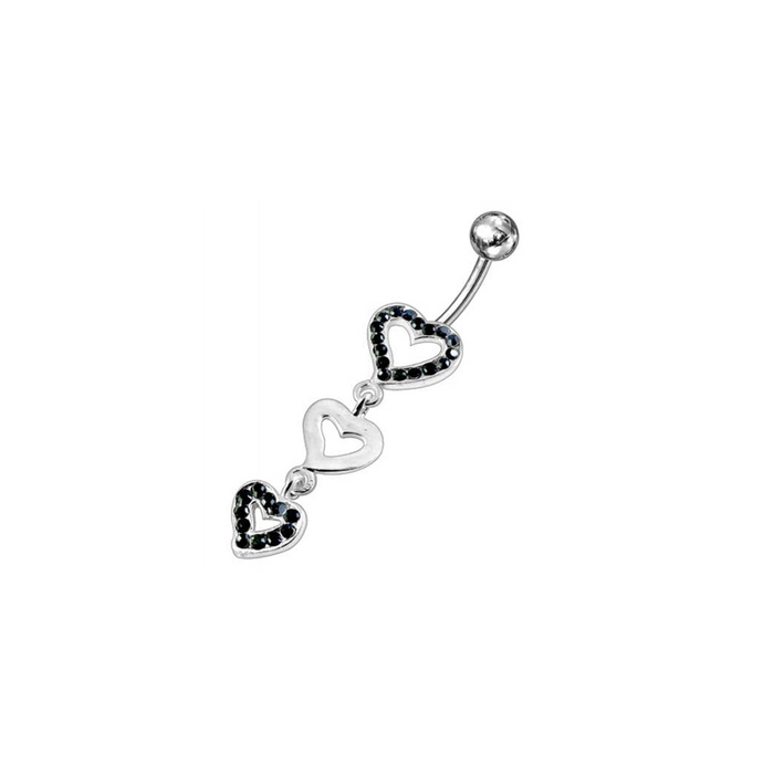 Triple Jeweled Heart Silver Dangling SS Navel Banana Ring