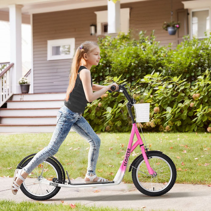 HOMCOM Kids Scooter Teen Ride On Children Scooter with Adjustable Handlebar 2 Brakes Basket Cupholder Mudguard 16" Inflatable Rubber Tyres for 5-12 years old Pink