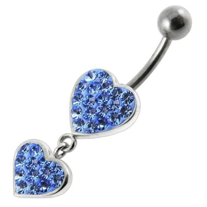 Fancy Double Red Jeweled Heart Dangling SS Bar Navel Ring