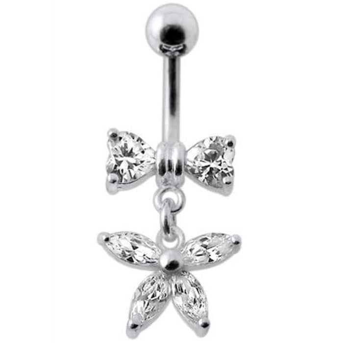 Fancy Jeweled Butterfly with Bow Dangling Surgical Grade Steel Belly Ring