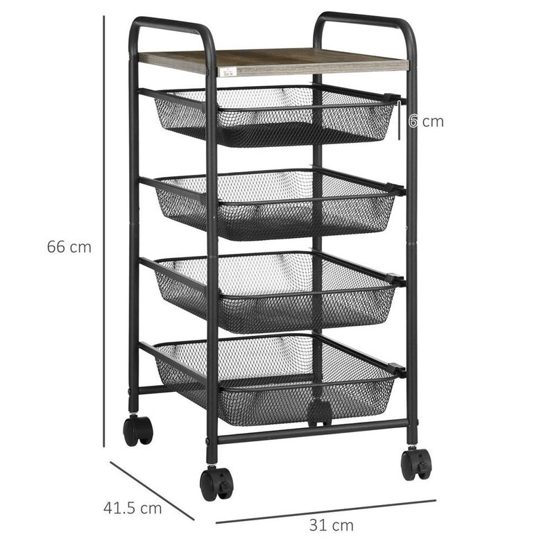 HOMCOM Storage Trolley Rolling Utility Cart - 4 Baskets - Kitchen & Office - Black