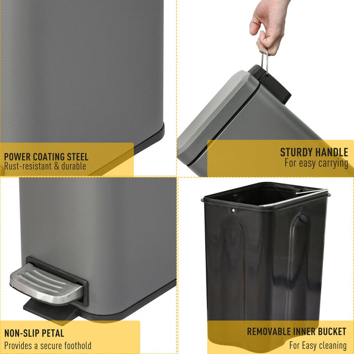 5L Steel Step Trash Can, Silent Lid Open & Gentle Close, Compact & Stylish, Removable Bucket