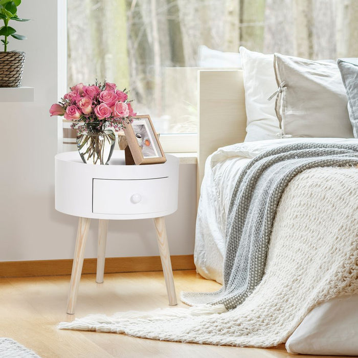 Round Coffee Table, Classic Accent with Concealed Drawer, Elegant White Design, 38cm Diameter, 45cm Height